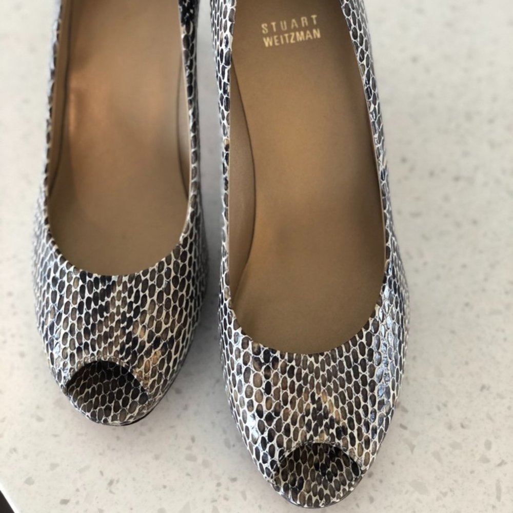 Stuart Weitzman snakeskin peep-toe pumps with 1/4" platform